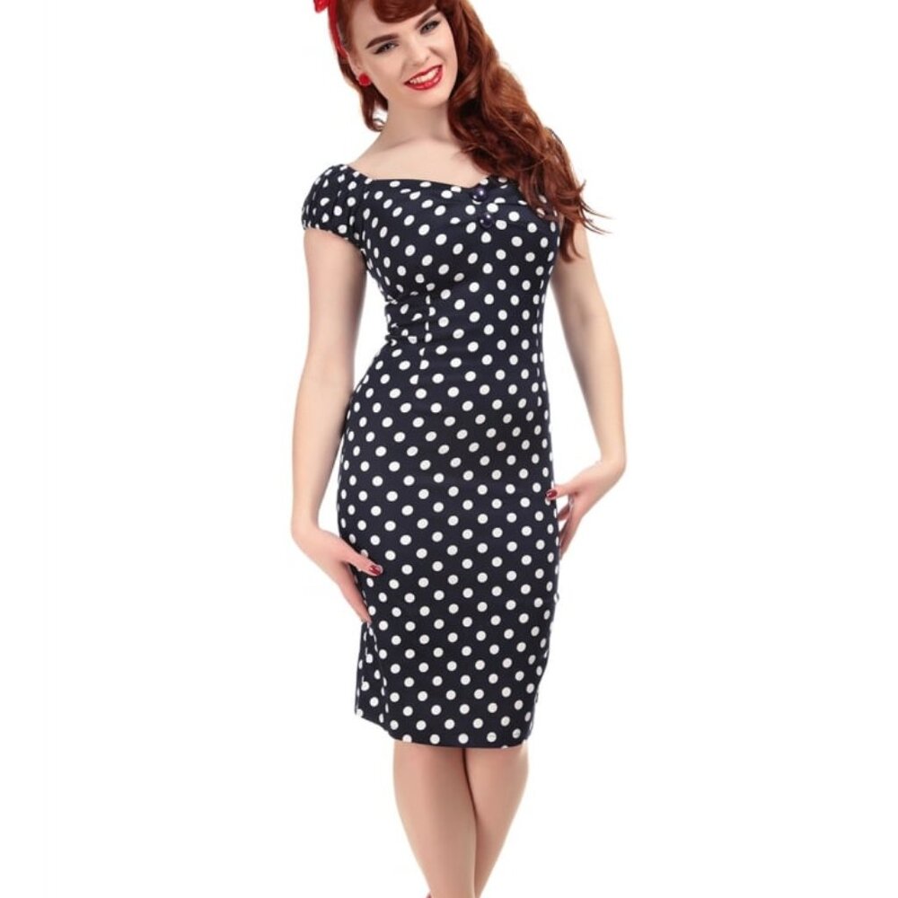 NWT Large Collectif Dolores Navy Polka Dot Retro Pencil Wiggle Dress